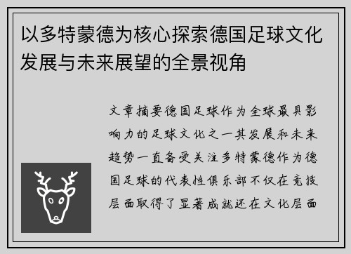 以多特蒙德为核心探索德国足球文化发展与未来展望的全景视角