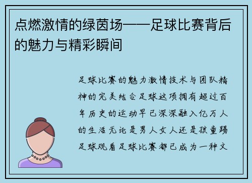 点燃激情的绿茵场——足球比赛背后的魅力与精彩瞬间