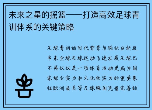 未来之星的摇篮——打造高效足球青训体系的关键策略