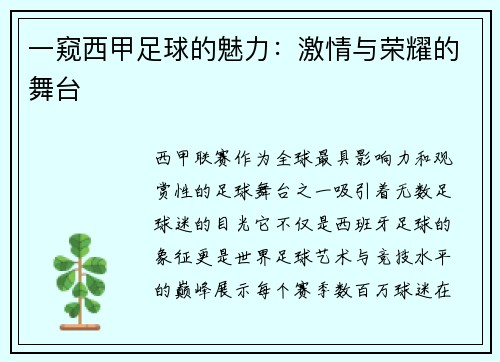 一窥西甲足球的魅力：激情与荣耀的舞台