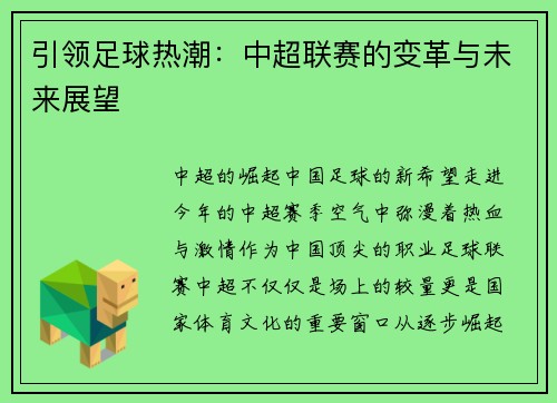 引领足球热潮：中超联赛的变革与未来展望