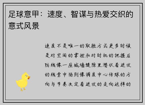 足球意甲：速度、智谋与热爱交织的意式风景